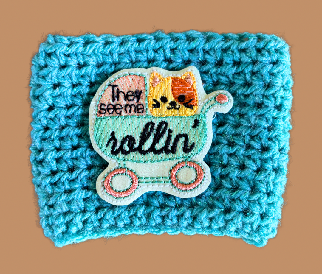 Cat Stroller Crochet Coffee Cozy with Glitter Embroidery Accent