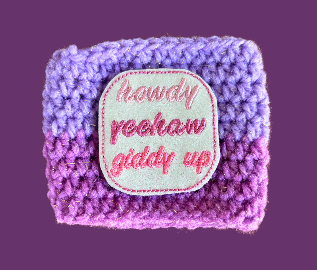 Howdy Yeehaw Giddy Up Crochet Coffee Cozy with Glitter Embroidery Accent
