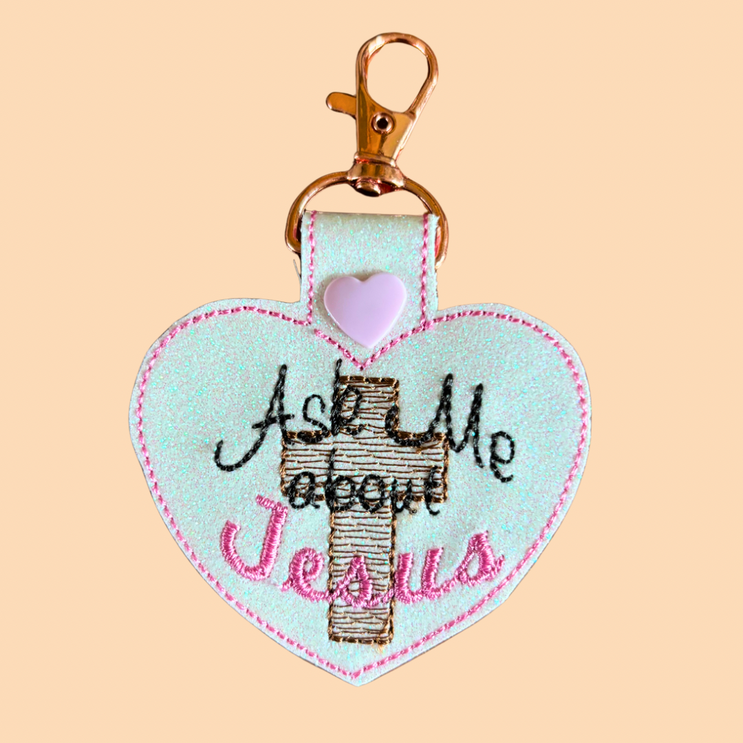 Heart Ask Me About Jesus Glitter Keychain with Rose Gold Hardware