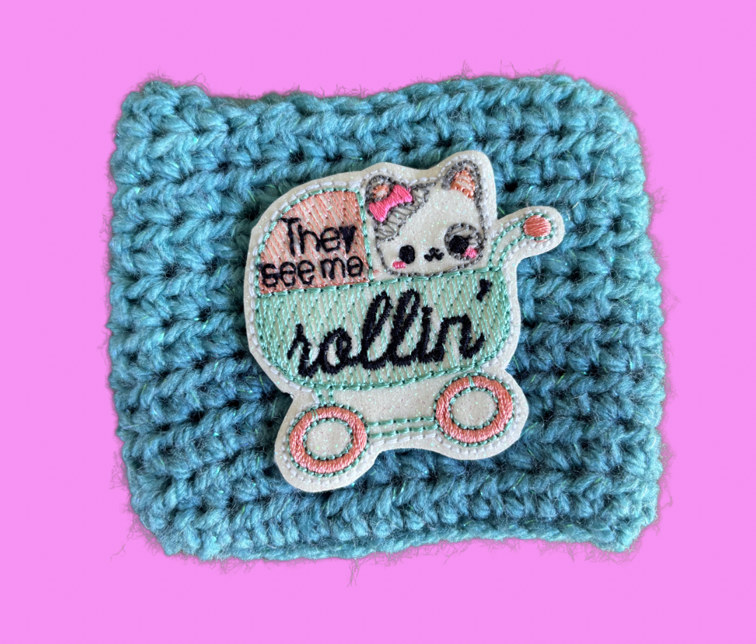 Dog Stroller Crochet Coffee Cozy with Glitter Embroidery Accent