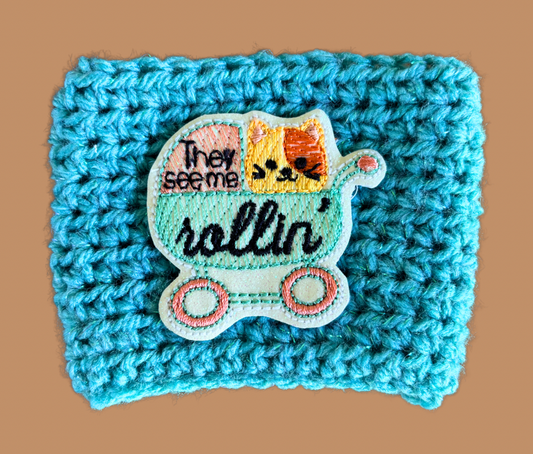 Cat Stroller Crochet Coffee Cozy with Glitter Embroidery Accent
